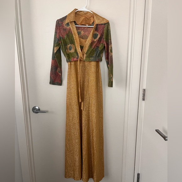 Dresses & Skirts - Sheer 70’s Vintage Gold Floral 2-piece Dress